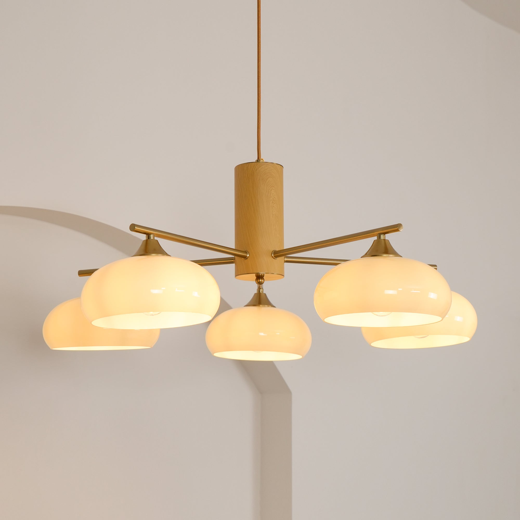 Bowl Shaped Multi - Head Chandelier With Wooden Decoration