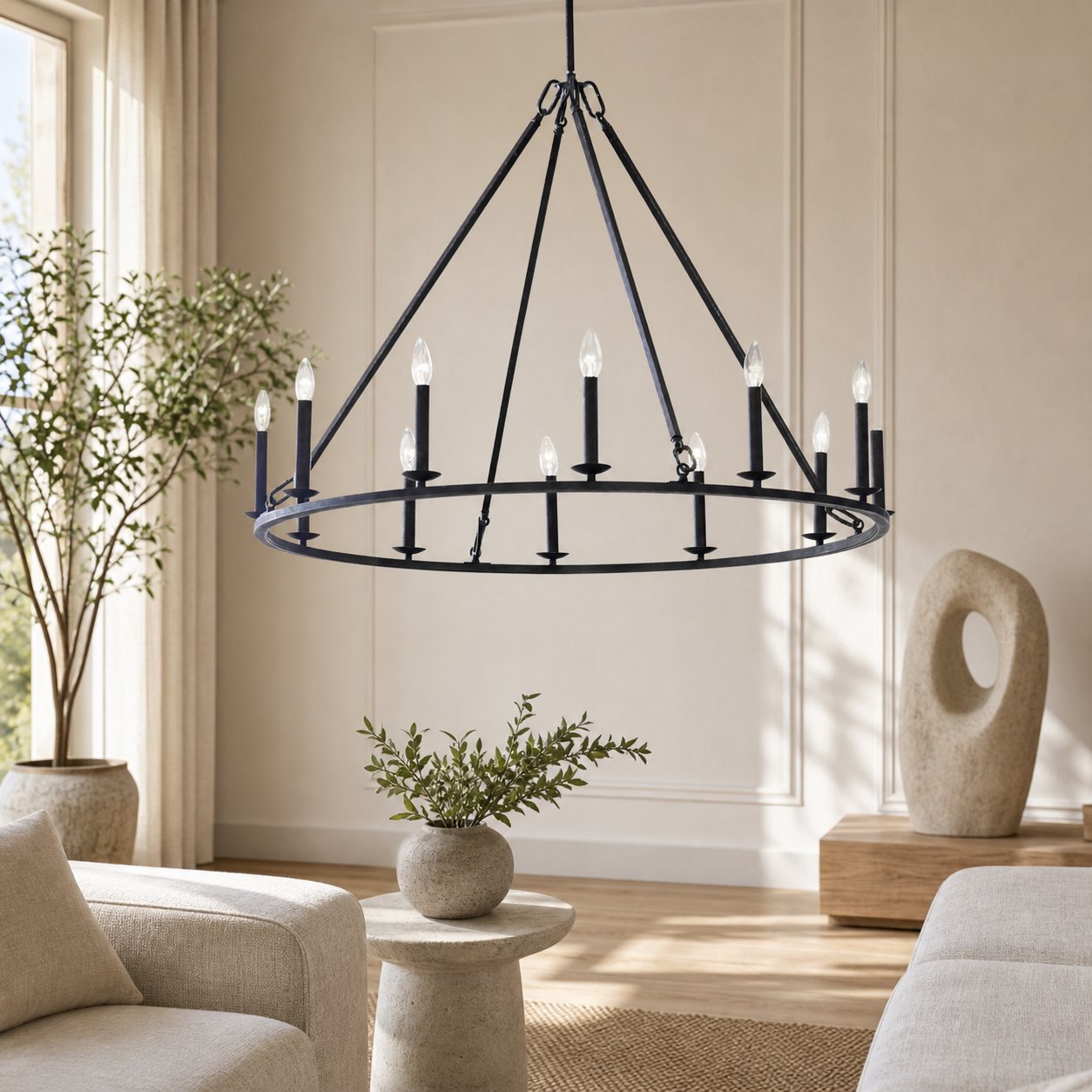 Rowan Modern Wagon Wheel Round Chandelier - Industrial Farmhouse Iron Lighting Fixture