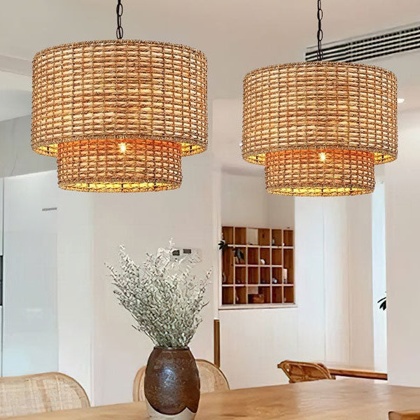 Natural Rattan Double Drum Pendant Light With Black Canopy