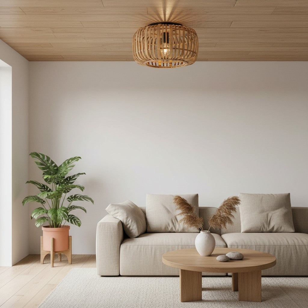 Yumeko Natural Bamboo Flush Ceiling Light - Organic Cage Design Sustainable for Living Room