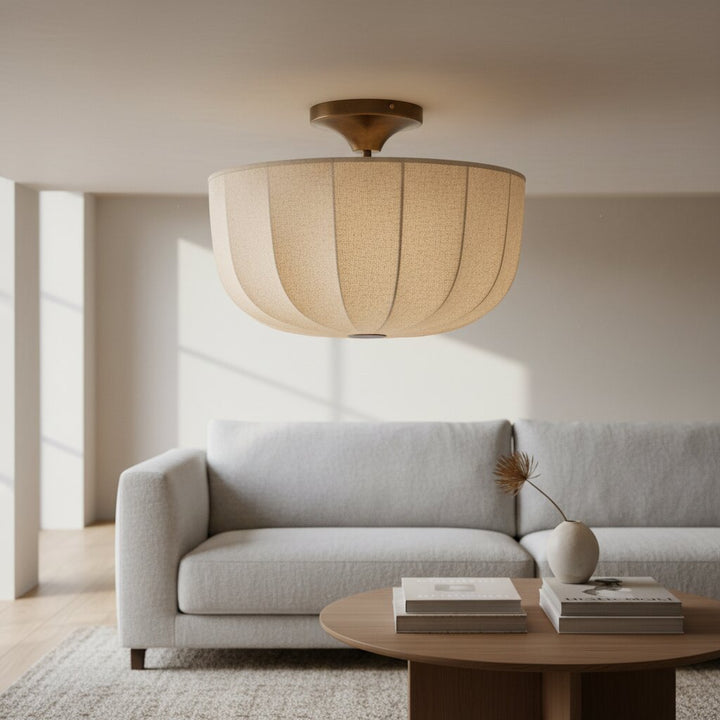 Loomis Flush Ceiling Lamp - Textured Linen Shade and Aged Brass Modern Ceiling Light for Living Rooms