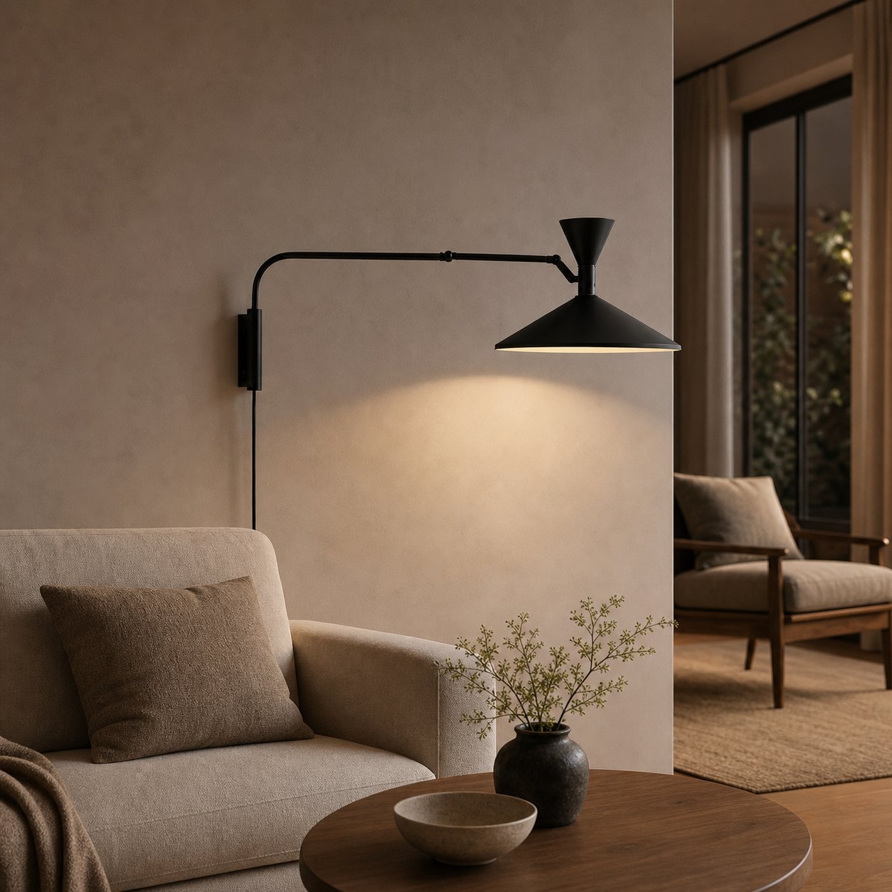 Ivoran Plug-In Swing Arm Wall Sconce - Metal Cone Adjustable Reading Light for Bedroom and Study