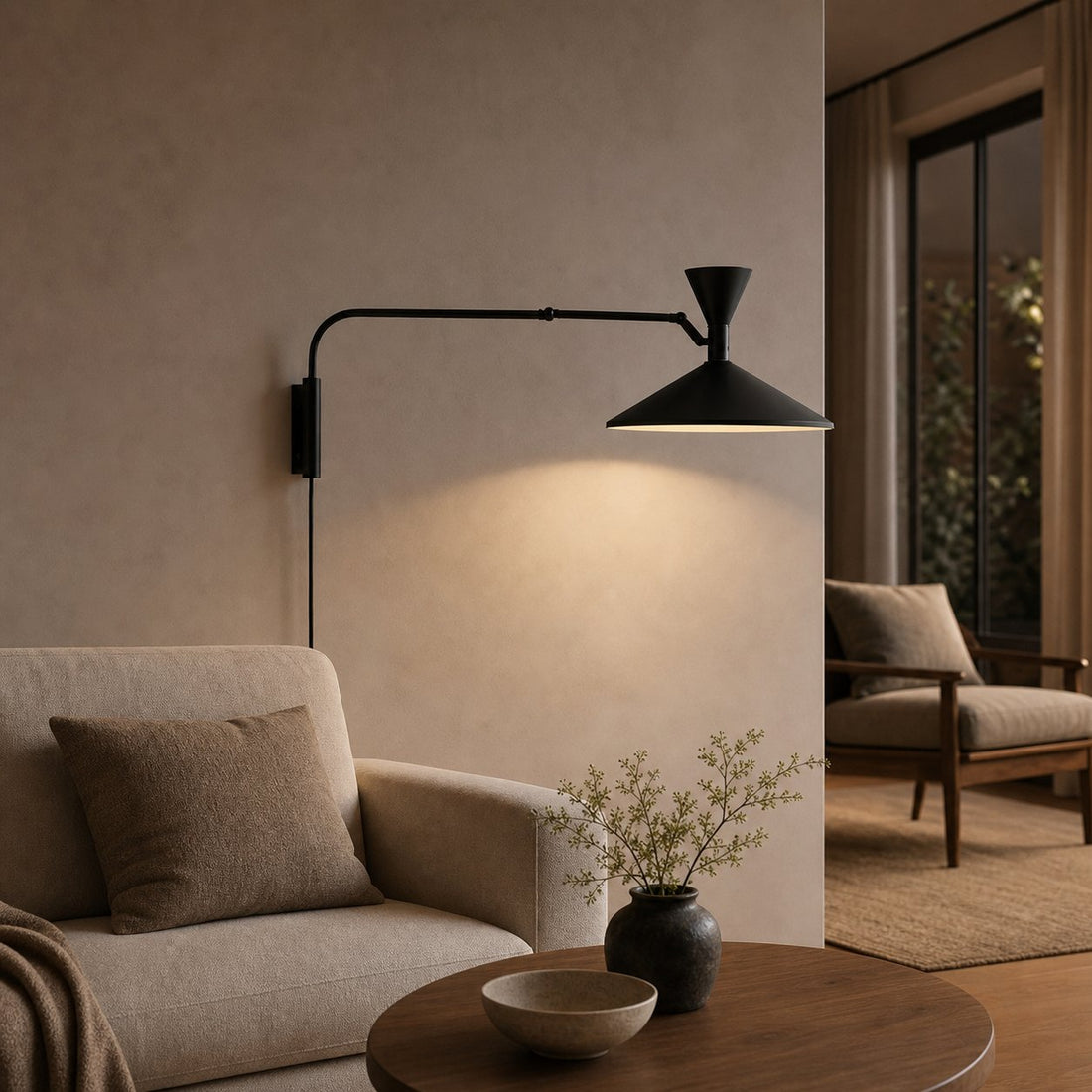Ivoran Plug-In Swing Arm Wall Sconce - Metal Cone Adjustable Reading Light for Bedroom and Study