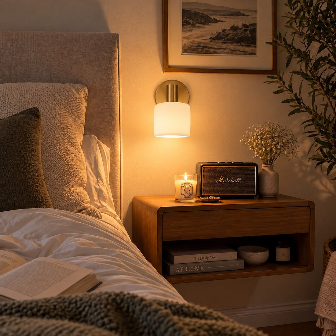 Cerova style B sconce styled above a floating nightstand