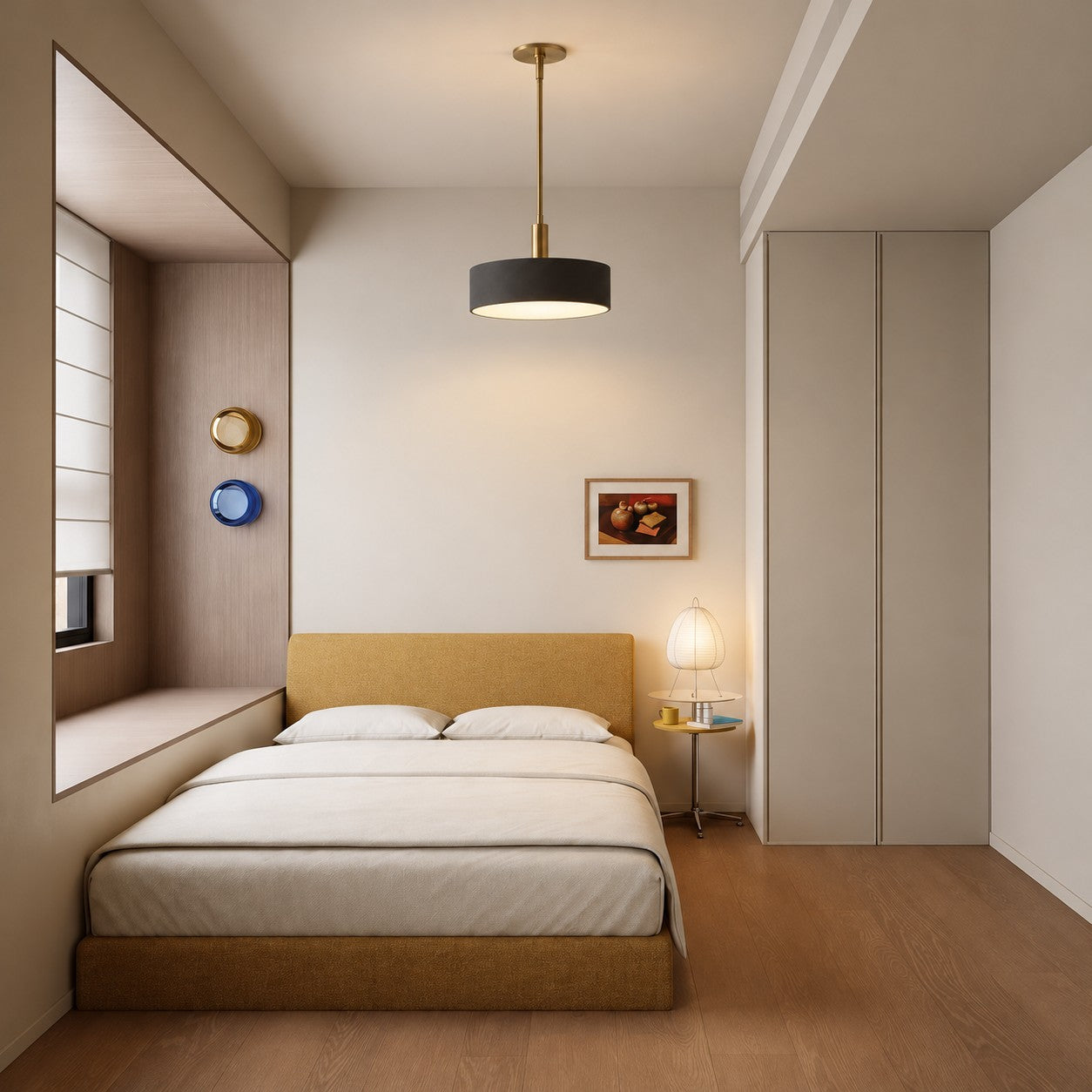 Black Cerova pendant styled over a bedroom bed