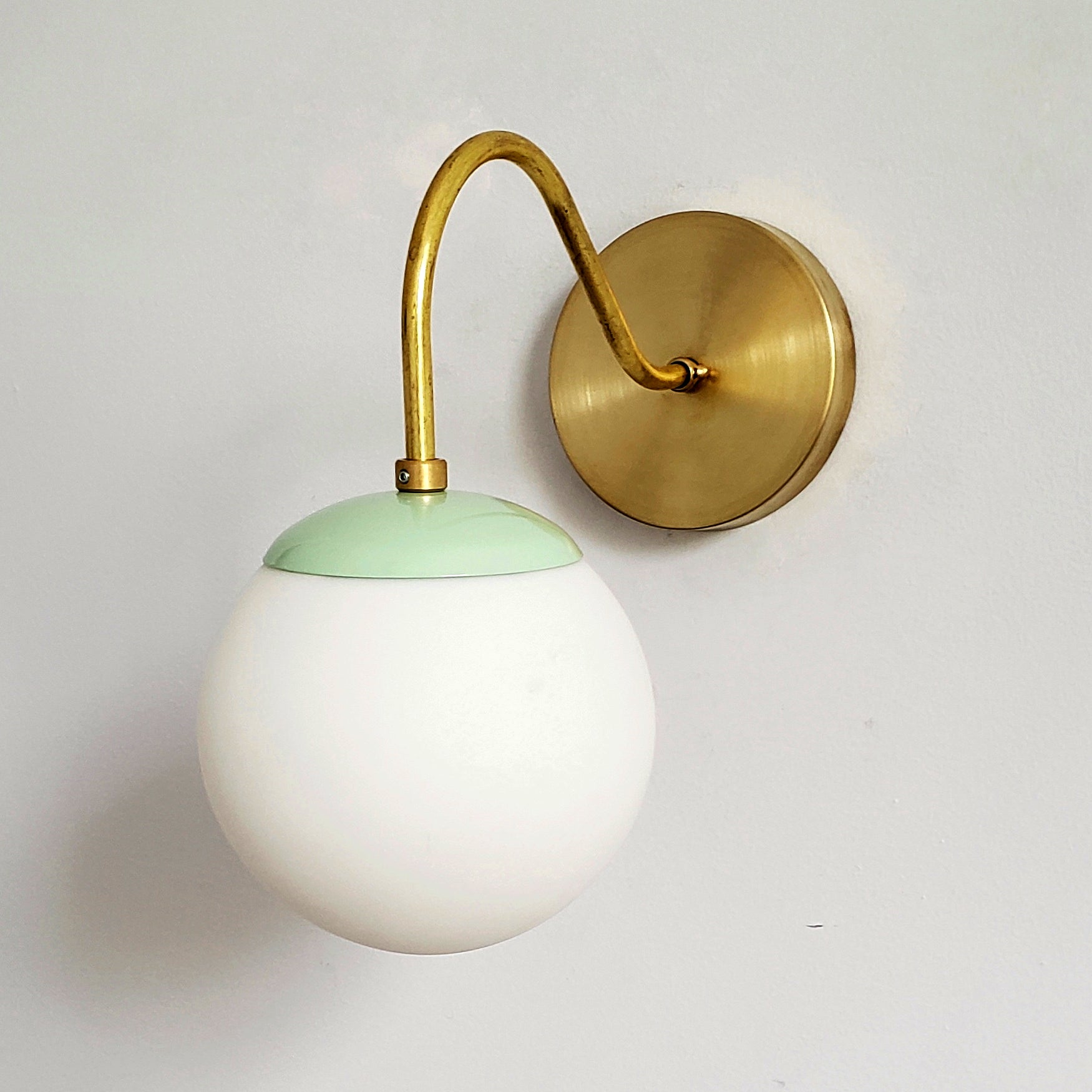 Brass Wall Lamp Sconce - Curved Arm with Handblown Frosted Glass