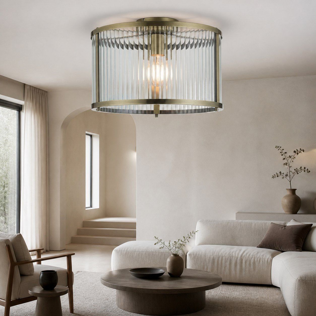 RibGlow Ribbed Glass Flush Ceiling Light – Classic Flush Mount Ceiling Lamp for Living Room or Hallway