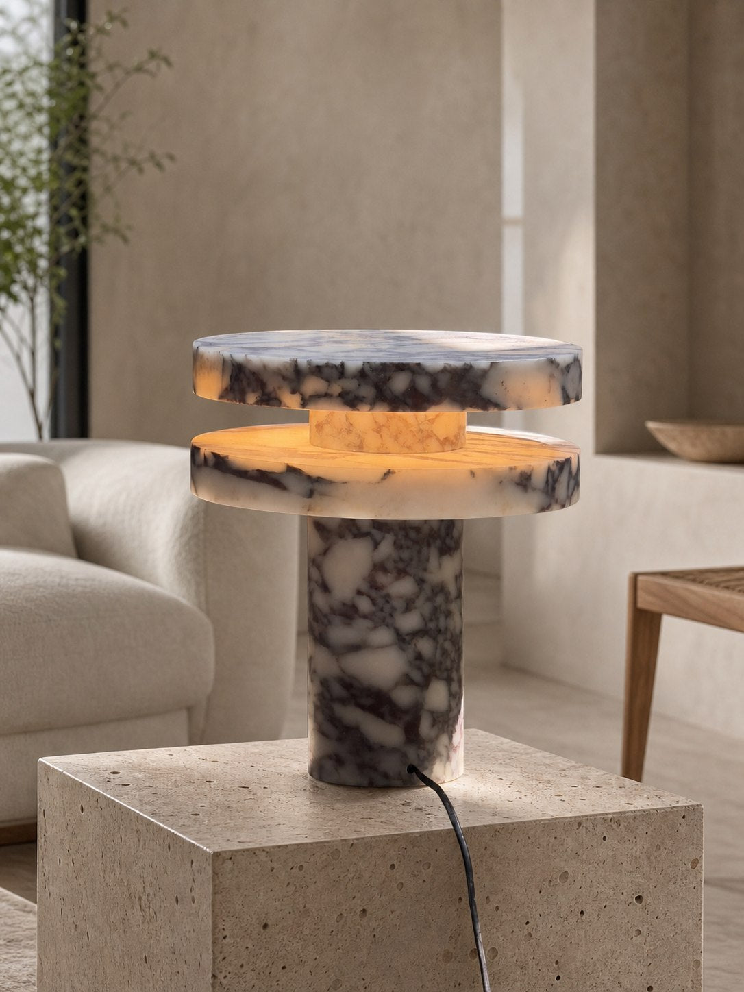 Modern Sculptural Table Lamp with Cylindrical Base Design for Bedroom Bedside and Living Room Use