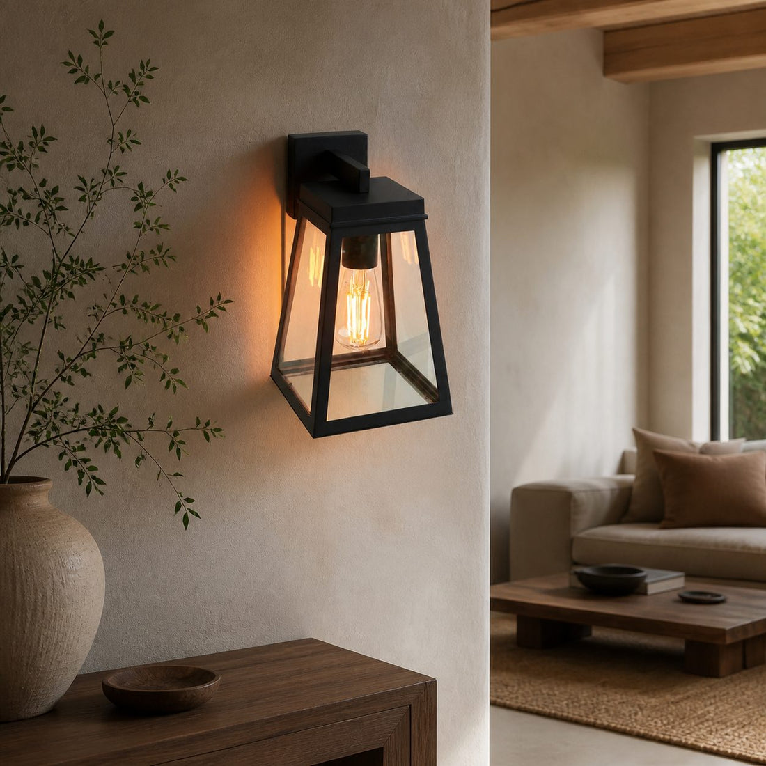Trevanta Clear Glass Black Outdoor Lantern Wall Light - Modern Exterior Lighting