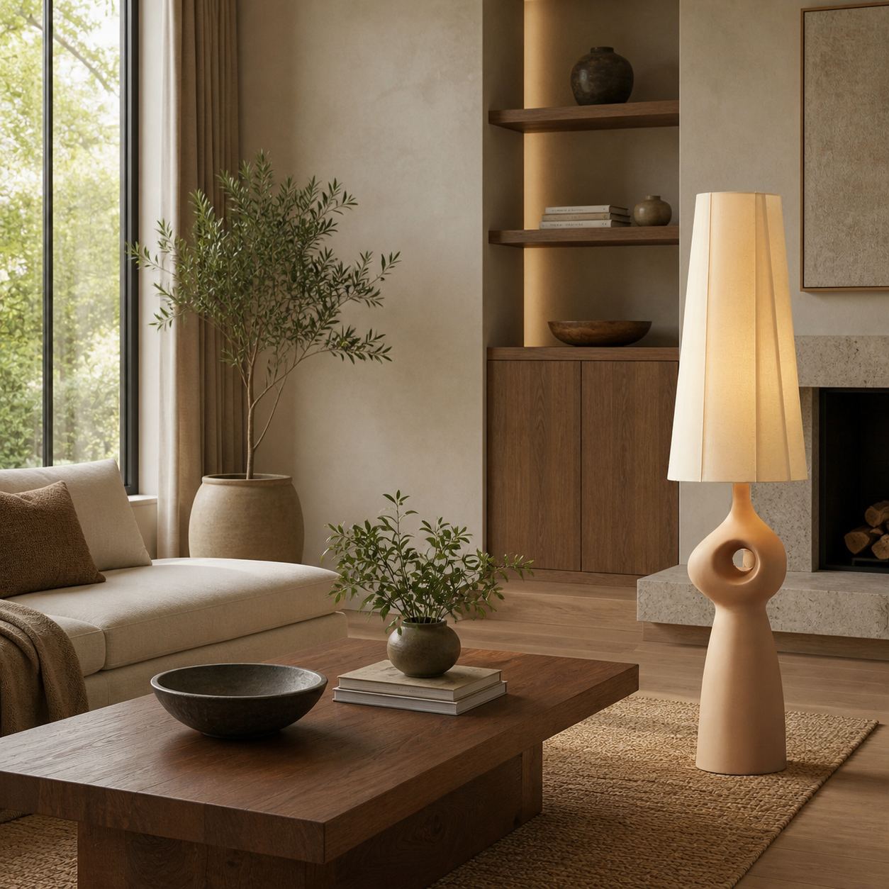Pryssa Sculptural Ceramic Floor Lamp - Ivory Linen Shade for Living Room Accent