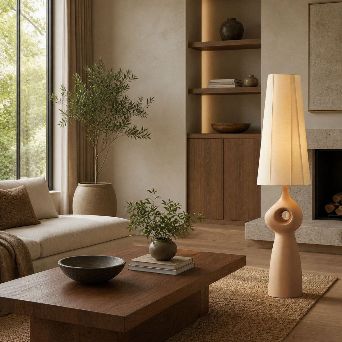 Pryssa Sculptural Ceramic Floor Lamp - Ivory Linen Shade for Living Room Accent