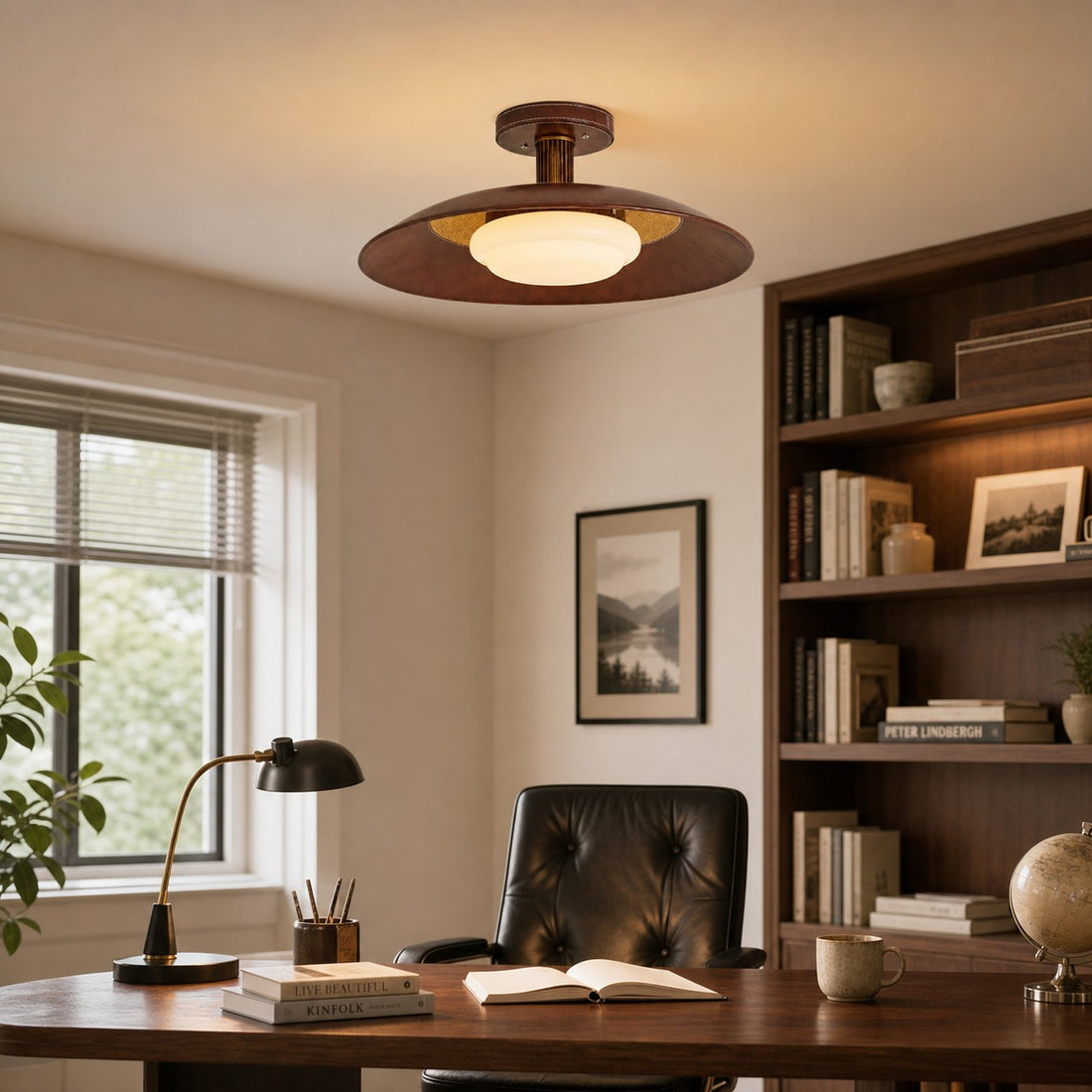Leather disc ceiling lamp in a warm home study