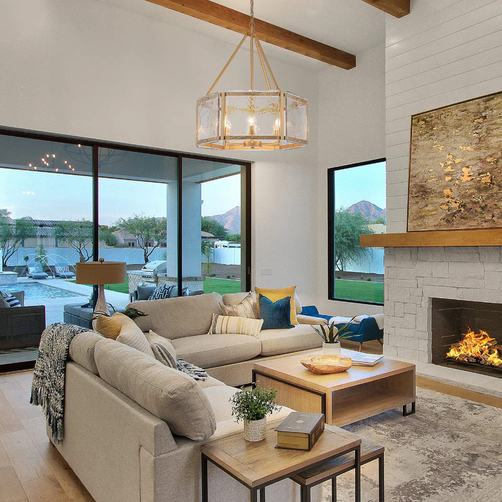 Textured Water Ripple Drum Chandelier - 6-Light Glass Pendant Light