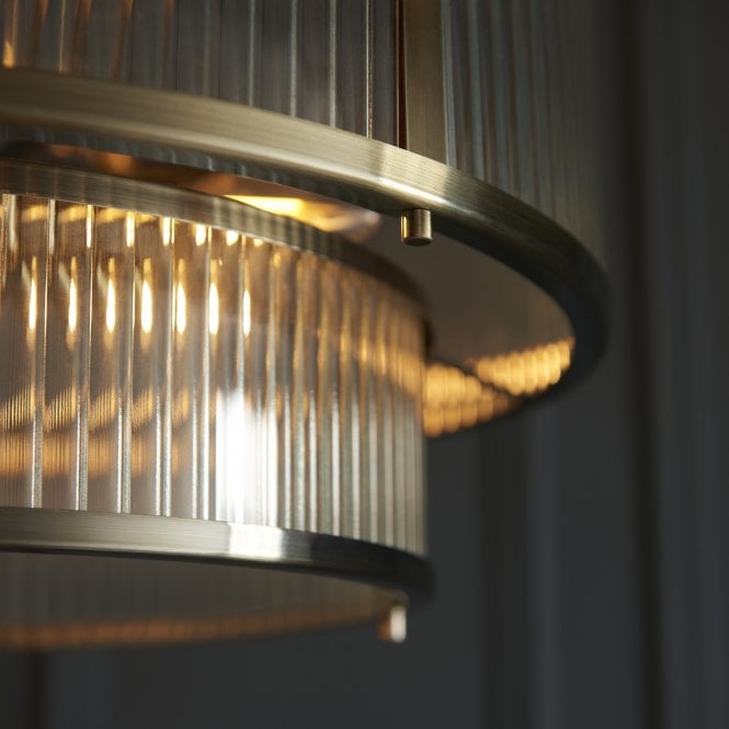 Two Tiered Ribbed Glass Pendant Lamp – Antique Brass Metal Light