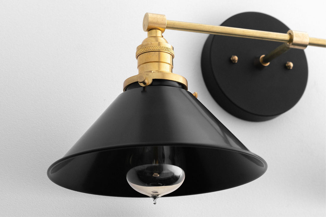 Conique Metal Dual Black Sconce with Cone Shades - Industrial Vanity Wall Light for Mirror