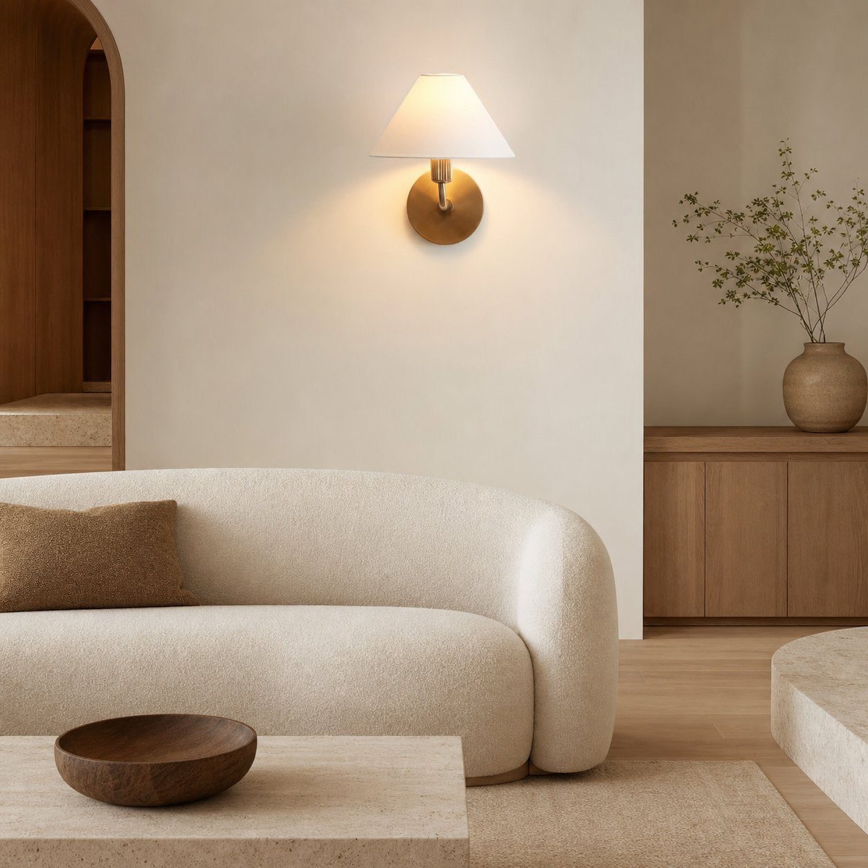 Gilda Fabric Drum Shade Wall Sconce - Modern Brass Accent Light for Bedroom and Hallway