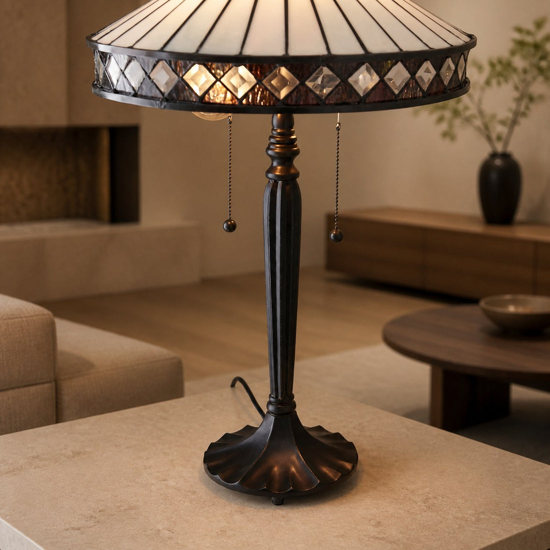 TF Fargo Geometric Tiffany Style Lamp — Amber and Cream Glass Accent Lighting for Bedroom or Study