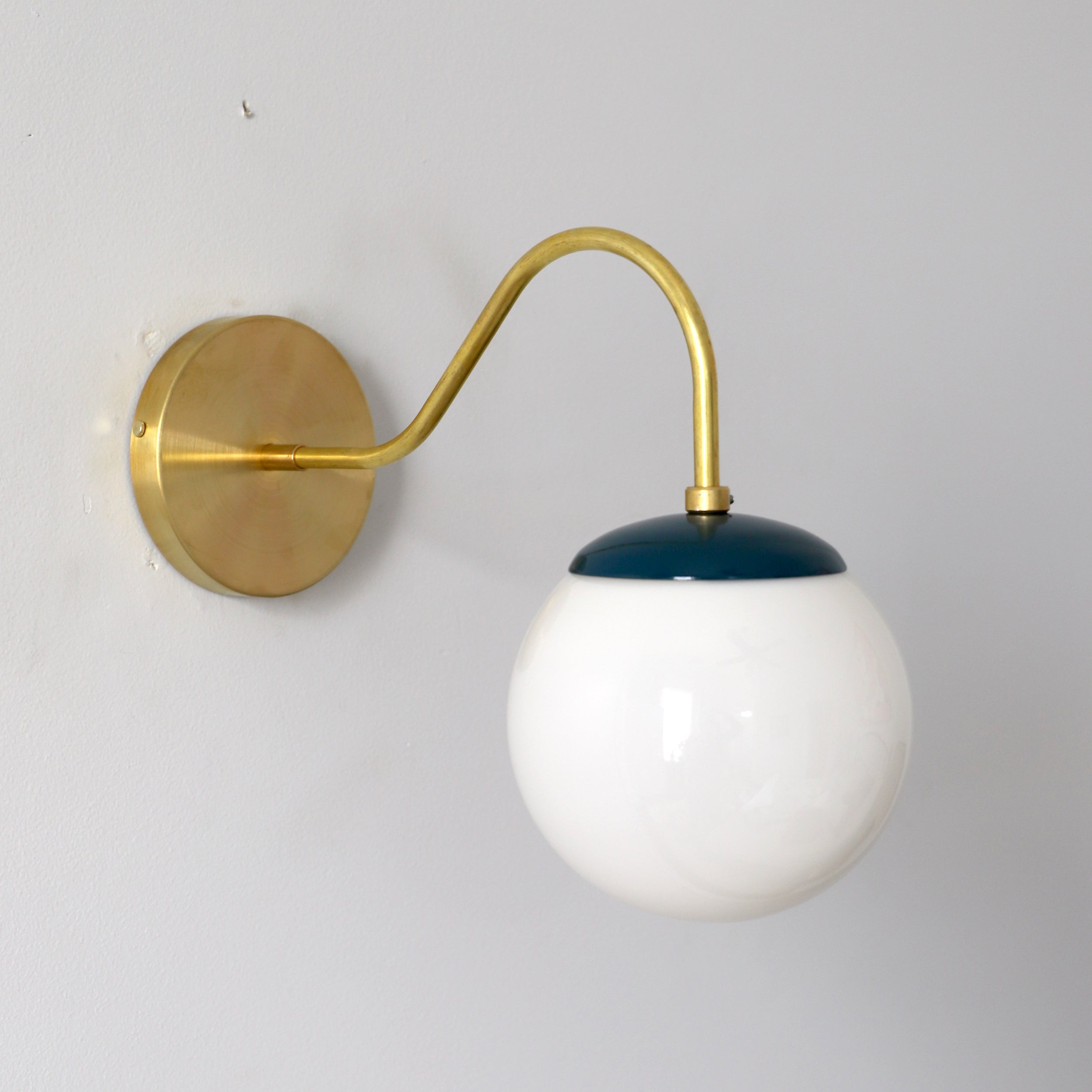 Brass Wall Lamp Sconce - Curved Arm with Handblown Frosted Glass