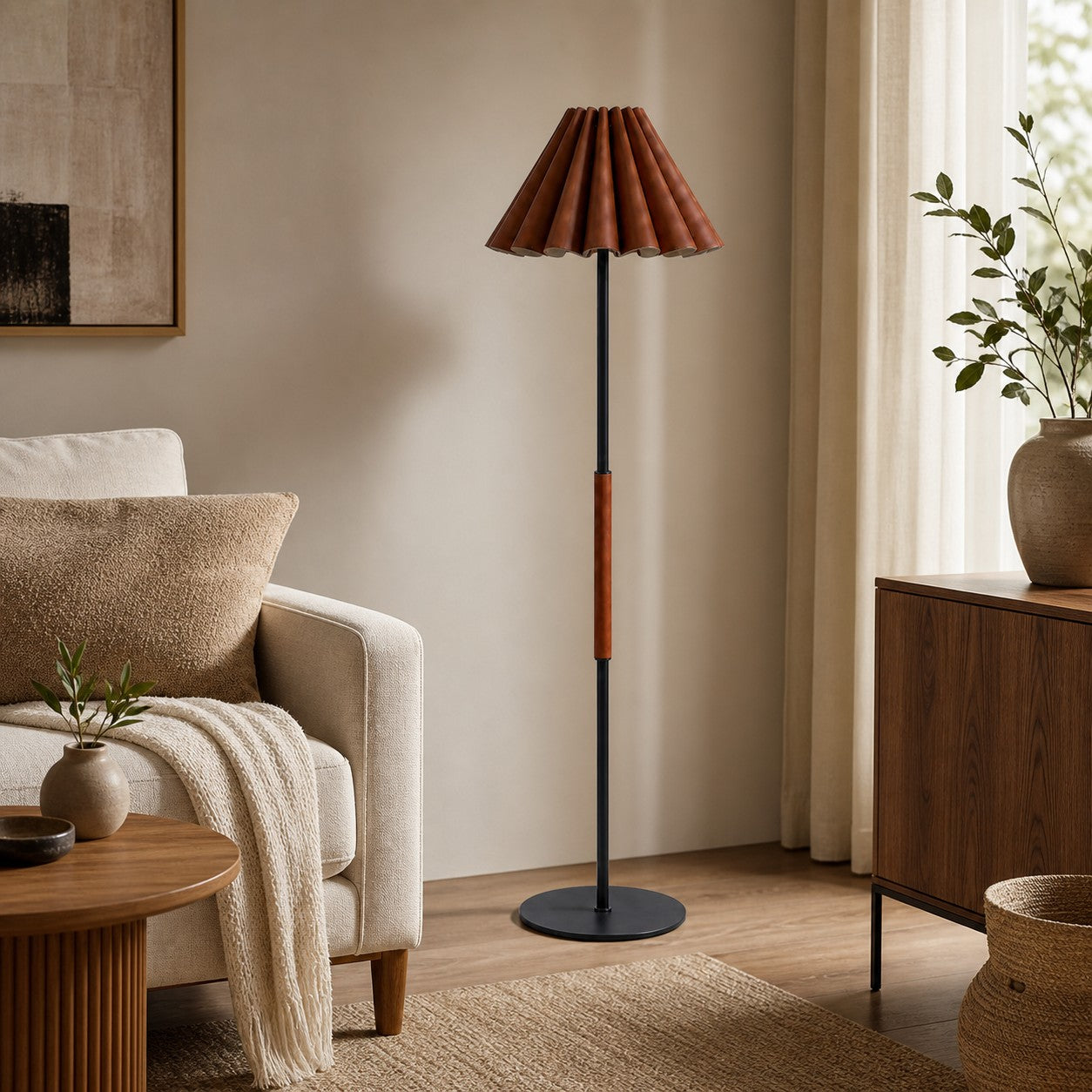 Caramel brown leather floor lamp in a warm living room
