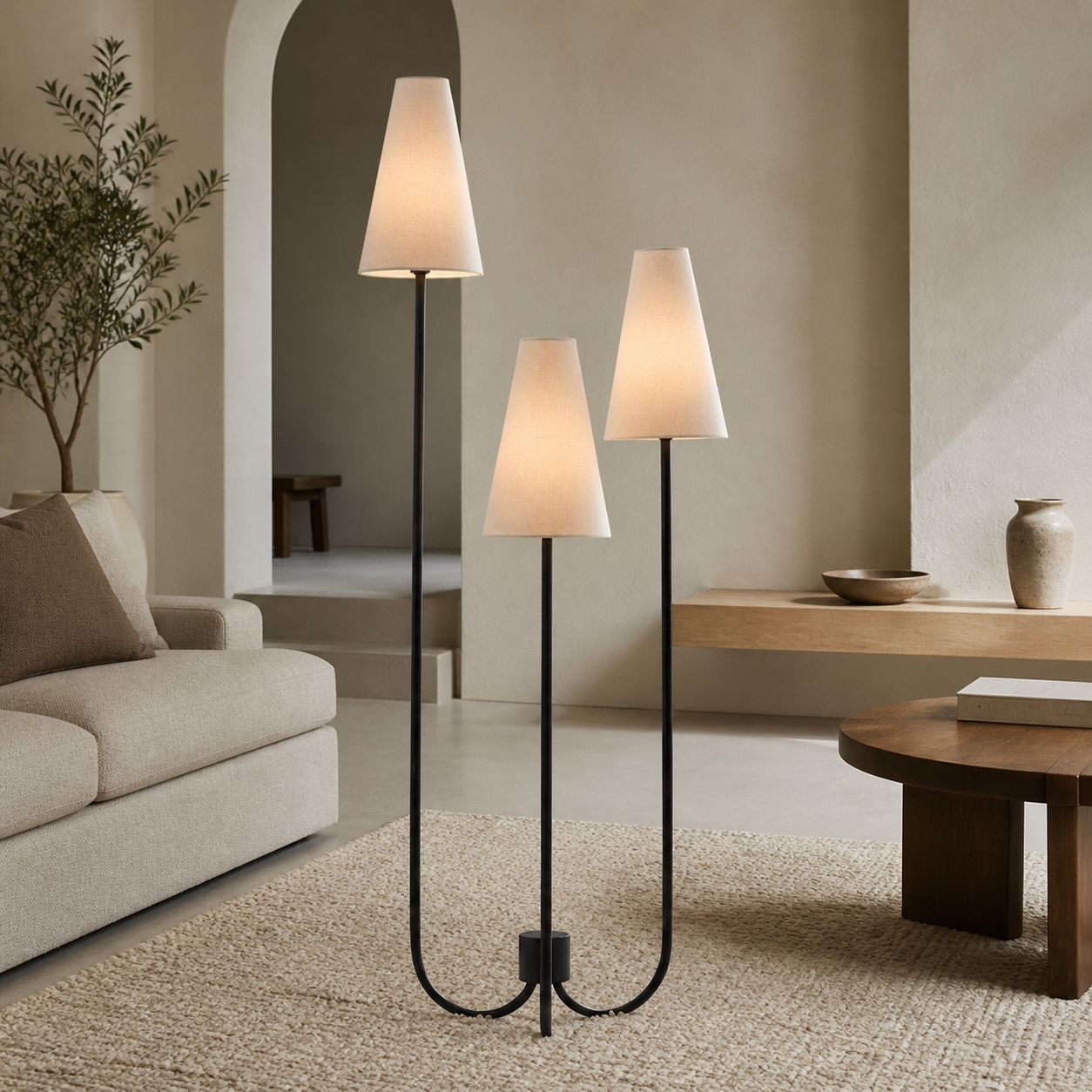 Cordove Three-Tapered Shade Floor Lamp – Modern minimalist Metal Fabric Light for Living Room