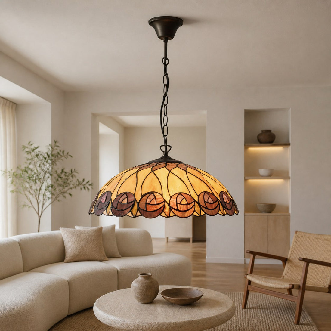 TF Hutchinson Tiffany Glass Pendant Light with Artistic Mosaic Design for Dining and Living Spaces