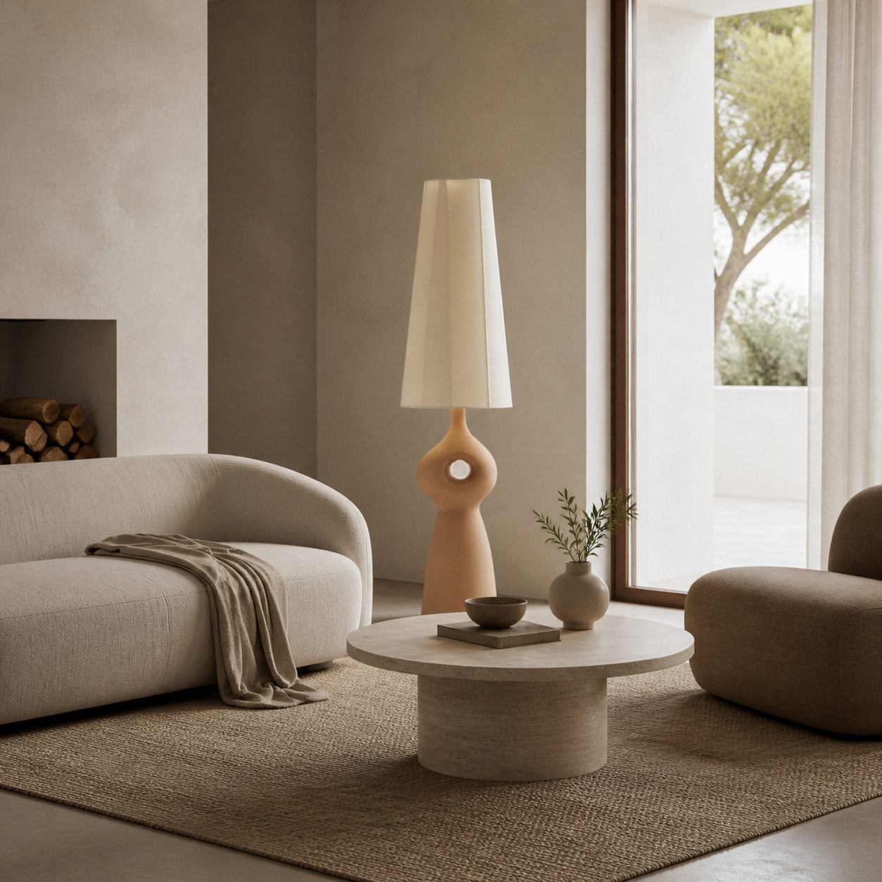 Pryssa Sculptural Ceramic Floor Lamp - Ivory Linen Shade for Living Room Accent