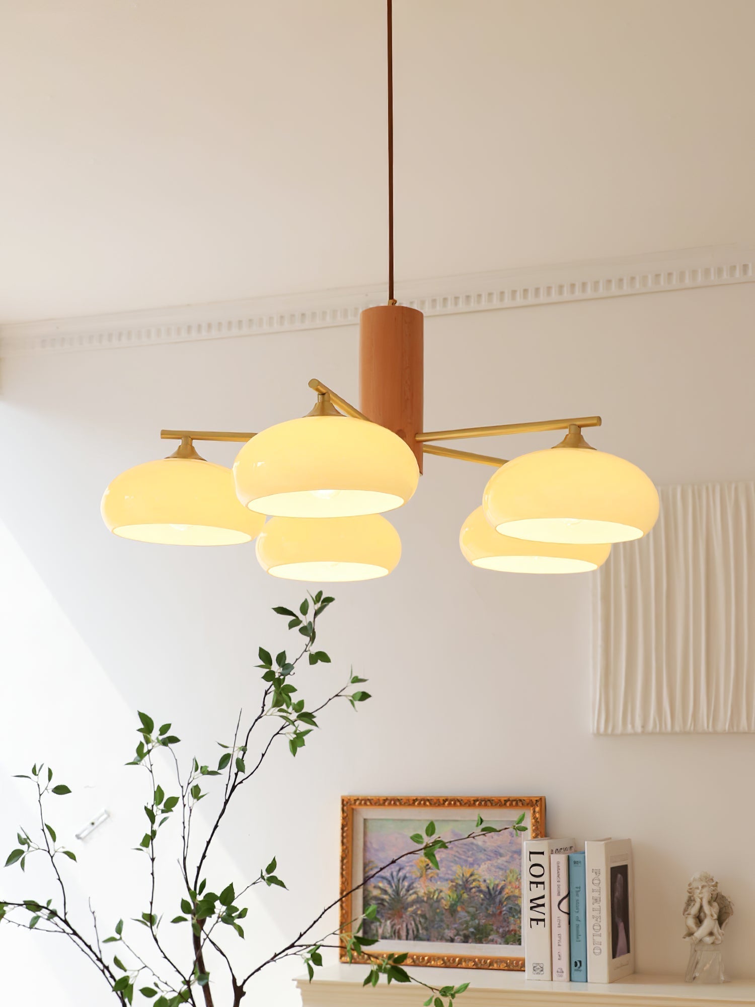 Bowl Shaped Multi - Head Chandelier With Wooden Decoration