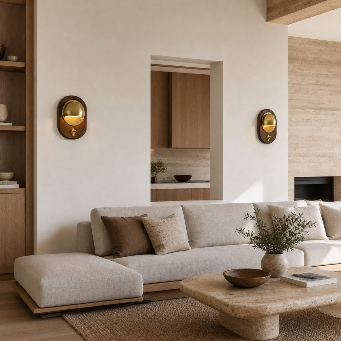 Ivoran Modern Wall Sconce - Ash Wood and Brass Spherical Lamp for Bedroom and Hallway