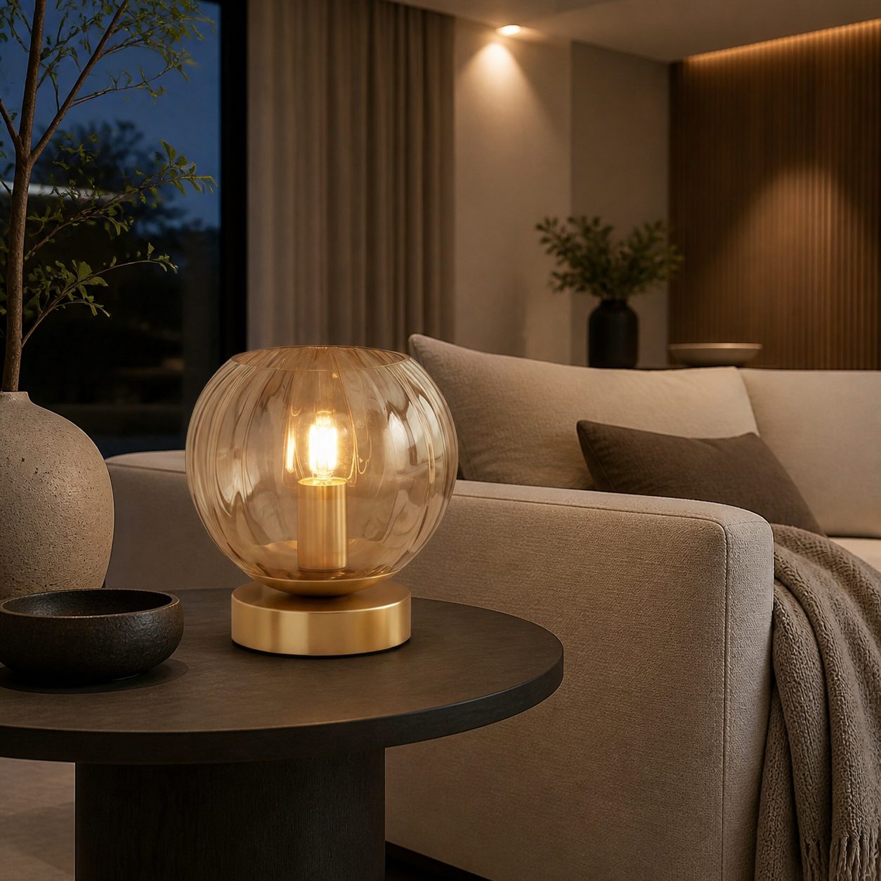 Tracian Modern Dimple Globe Table Lamp – Brass Ambient Decorative Lamp for Bedroom or Lounge