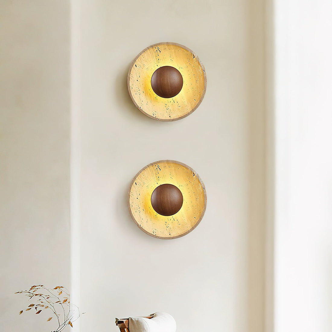 Medieval Yellow Travertine Wood Wall Lamp