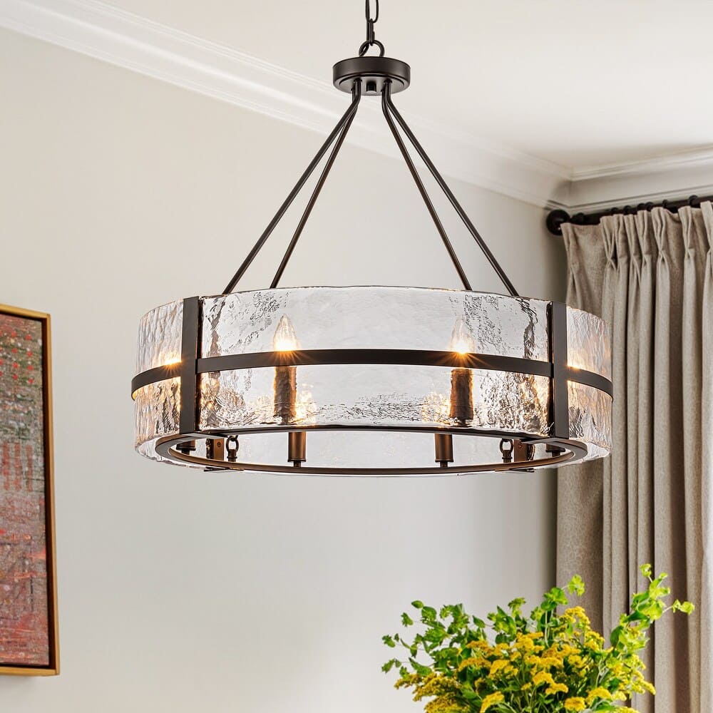 Modern Wide Drum Pendant Lamp – Clear Glass Chandelier For Living Room