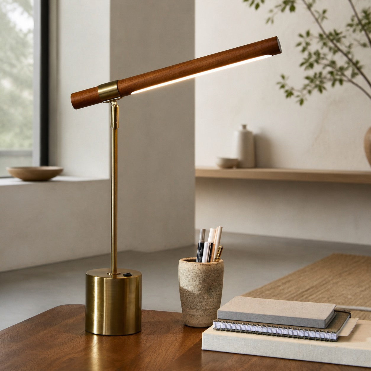 Moss Modern Linear Wood LED Table Lamp – Adjustable Swivel, USB Charging