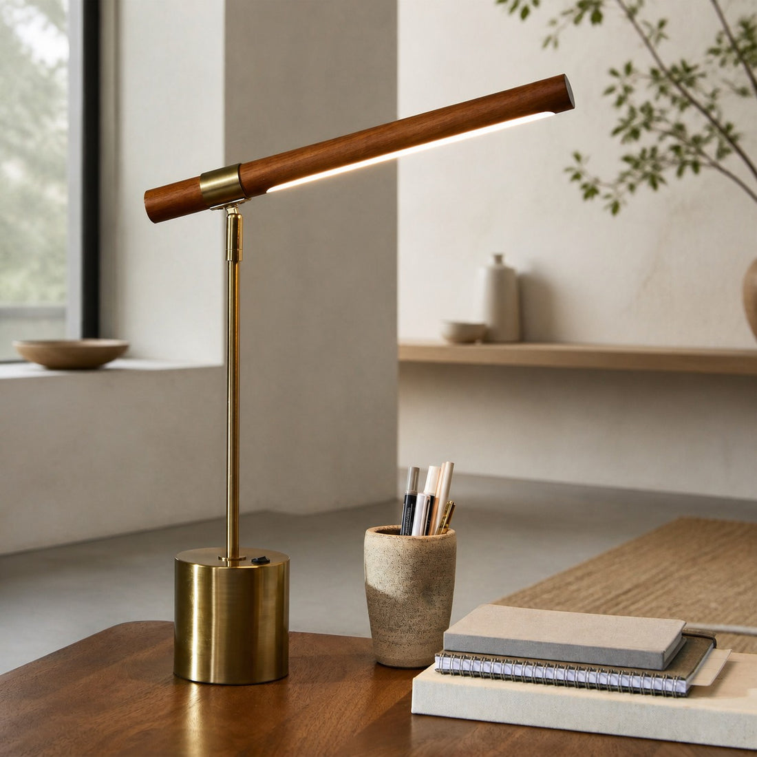 Moss Modern Linear Wood LED Table Lamp – Adjustable Swivel, USB Charging