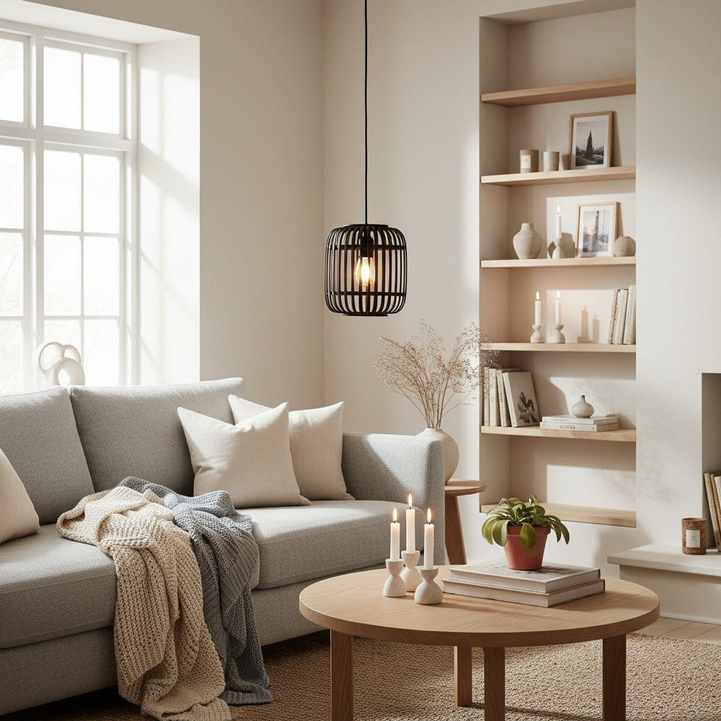 Yumeko Adjustable Bamboo Pendant Lamp - Natural Cage Ceiling Light Perfect for Living & Dining Rooms
