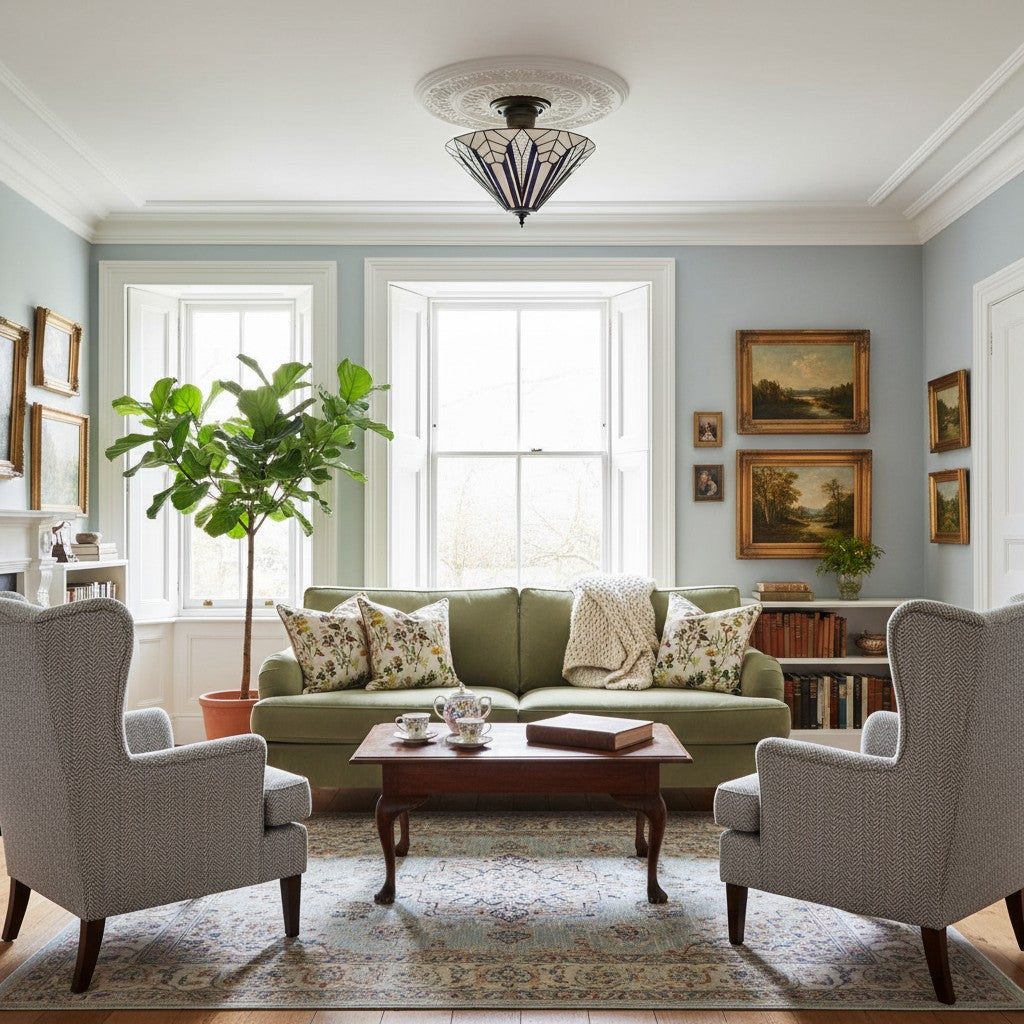 TF Astoria Decorative Stained Glass Semi Flush Light – Art Deco Ceiling Fixture for Entryways & Lounges