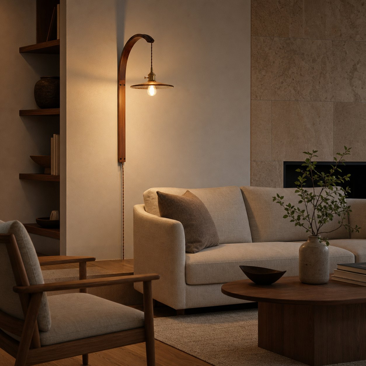 Curved Walnut Ceramic Plug-in Wall Light
