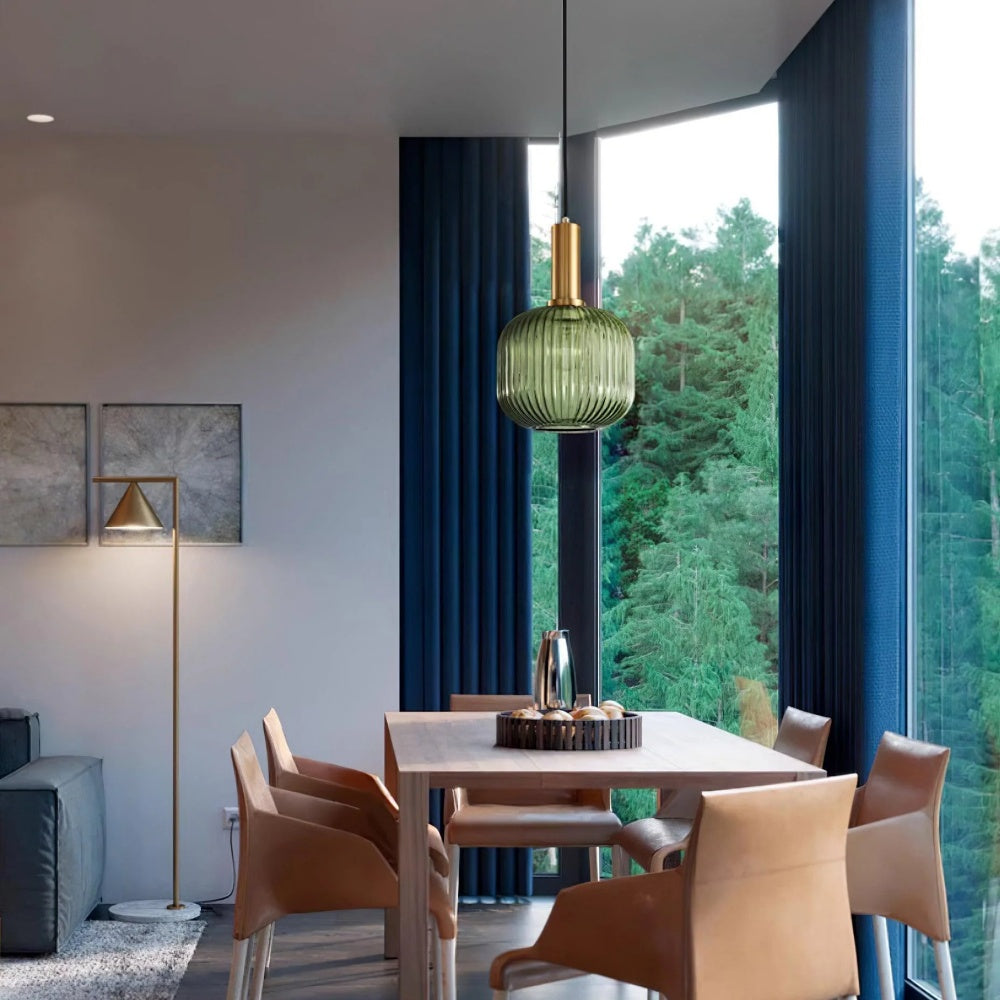 Ribbed Stained Glass Pendant Lamp – Retro Lantern Shape Hanging Light