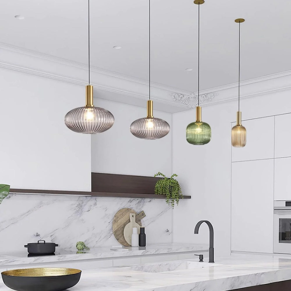 Ribbed Stained Glass Pendant Lamp – Retro Lantern Shape Hanging Light