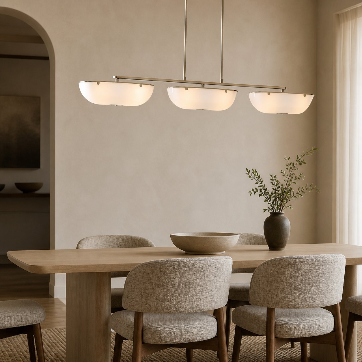 Ferosa Boat-Shaped Lampshade Linear Chandelier - Antique Brass with Milk Glass