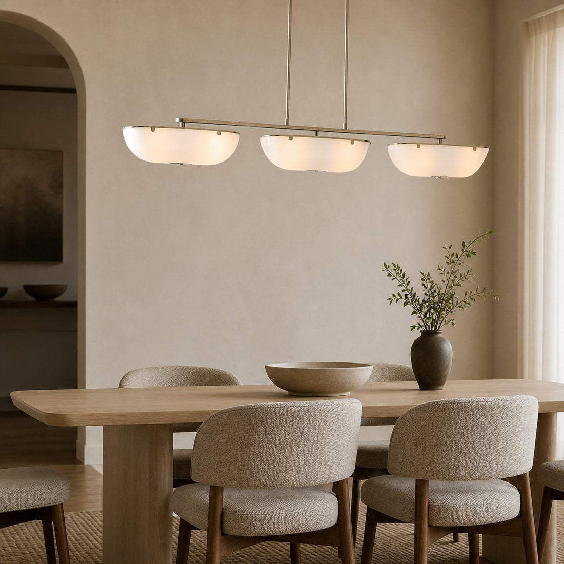 Ferosa Boat-Shaped Lampshade Linear Chandelier - Antique Brass with Milk Glass