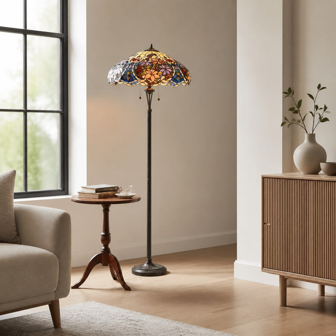 TF Sullivan Tiffany Floor Lamp - Floral Stained Glass Design for Study or Living Room