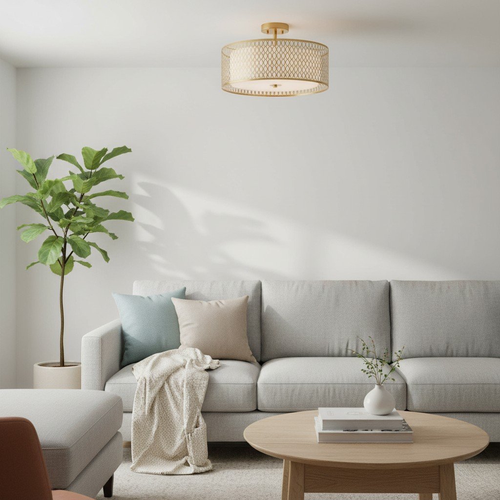 Liorin Geometric Mesh 3‑Light Flush Ceiling Light - Mesh Metal Frosted Glass Lamp for Living Room or Hallway