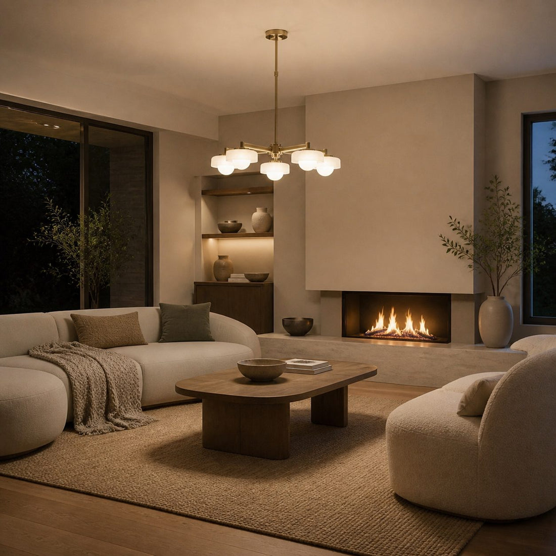Zirvos Pendant with Frosted Opal Globes and Brushed Brass Frame for Living and Dining