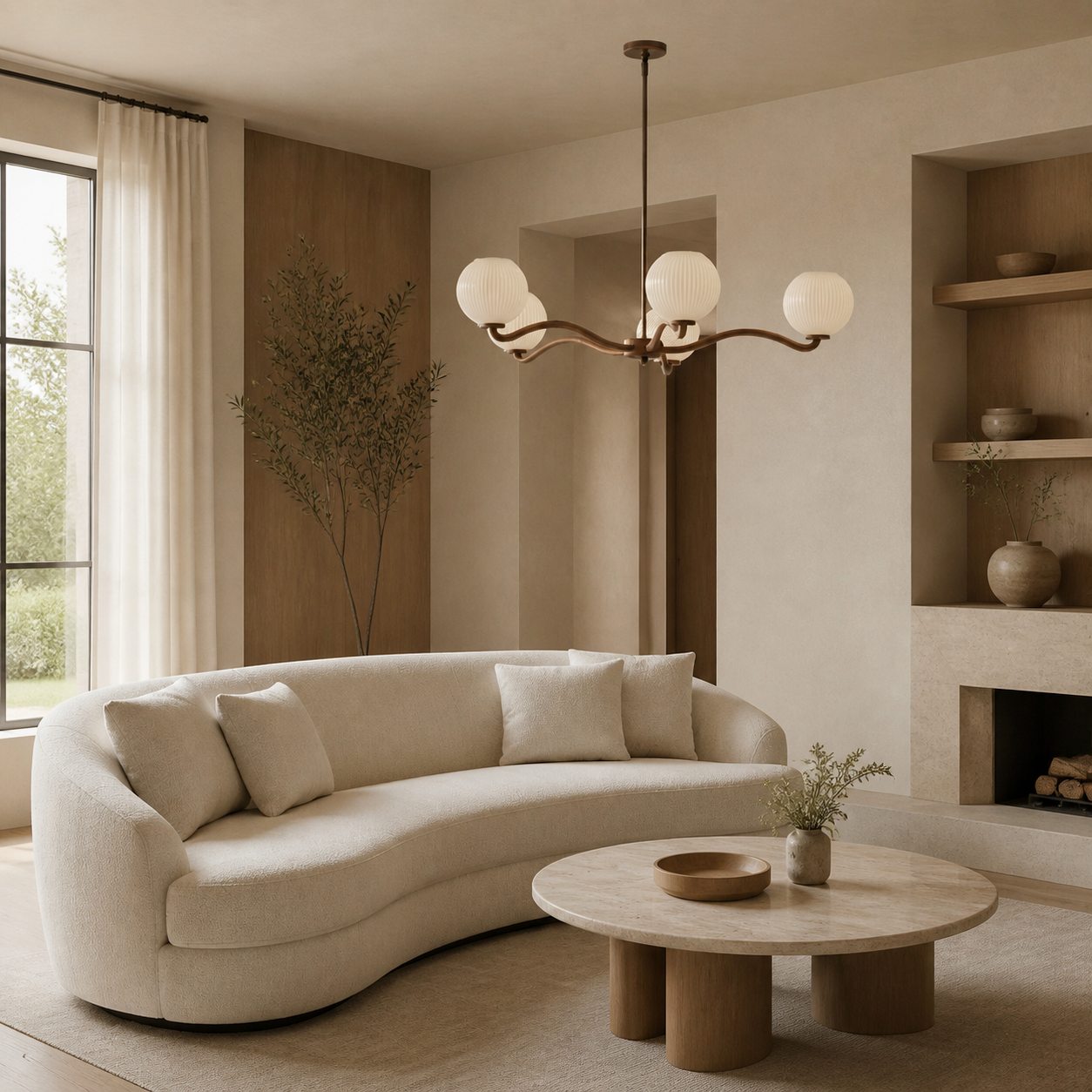 Shella Contemporary Five‑Globe Chandelier – Wood Metal Glass Pendant Lighting for Bedroom or Dining