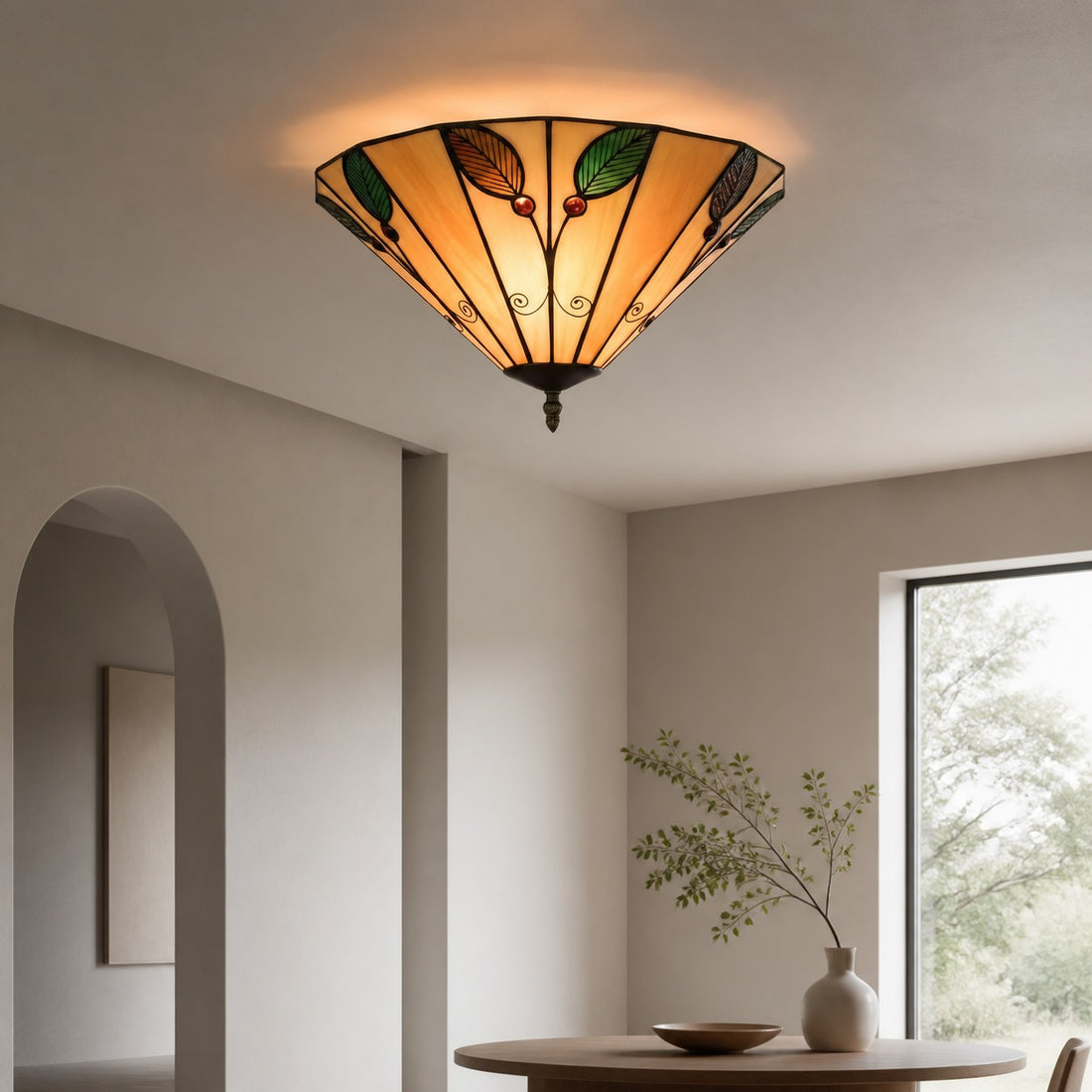 TiffStar Leaf Flush Ceiling Light with Art Glass Shade for Living Room