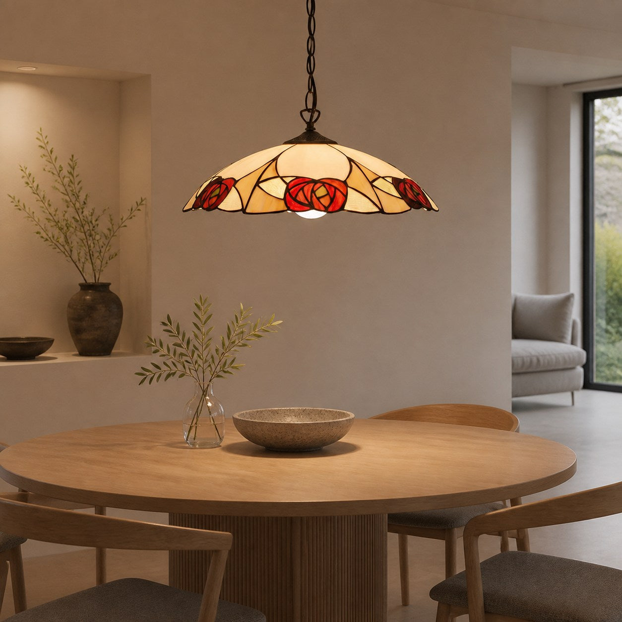 TF Ingram Tiffany Pendant Light – Vintage Handcrafted Stained Glass Floral Shade for Dining Room