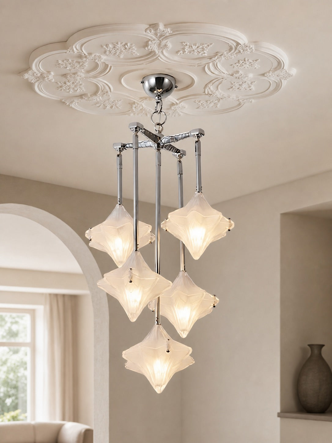 Art Deco Astris Star Chandelier – Frosted Glass Deco Fixture for Dining Room