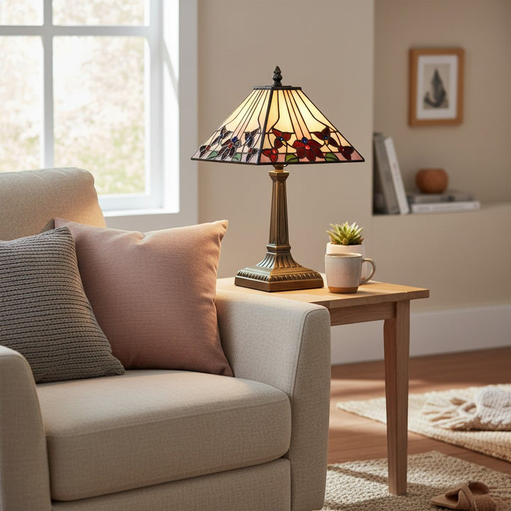 TF Camillo Dragonfly Stained Glass Table Lamp - Art Nouveau Tiffany Style with Scalloped Edge for Living Room and Bedroom