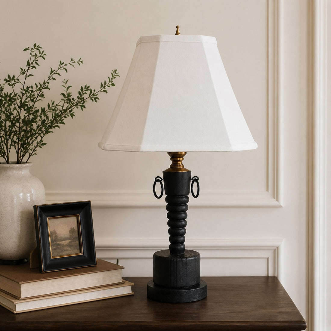 Vintage Black Wood Table Lamp with White Fabric Shade