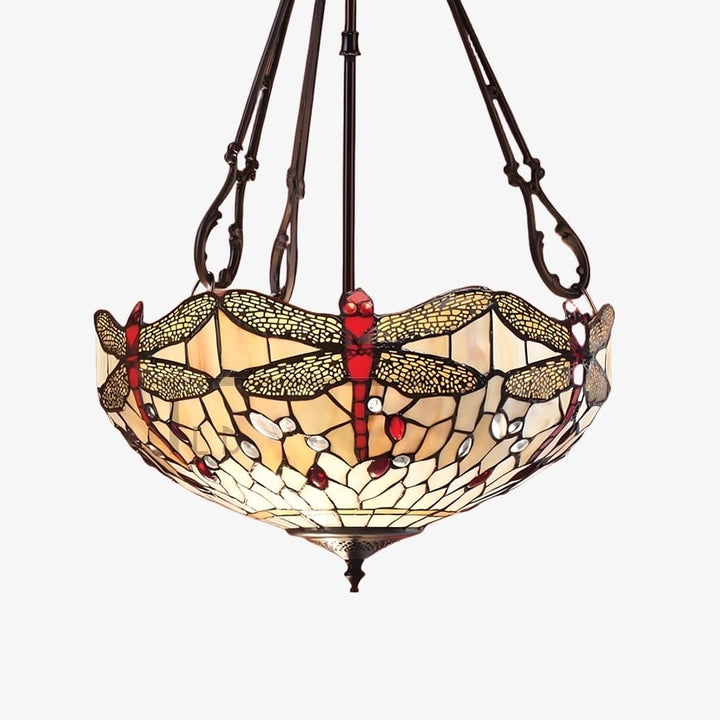 TF Dragonfly Beige Tiffany Pendant Lamp – Elegant Stained Glass Fixture for Dining Room and Bedroom
